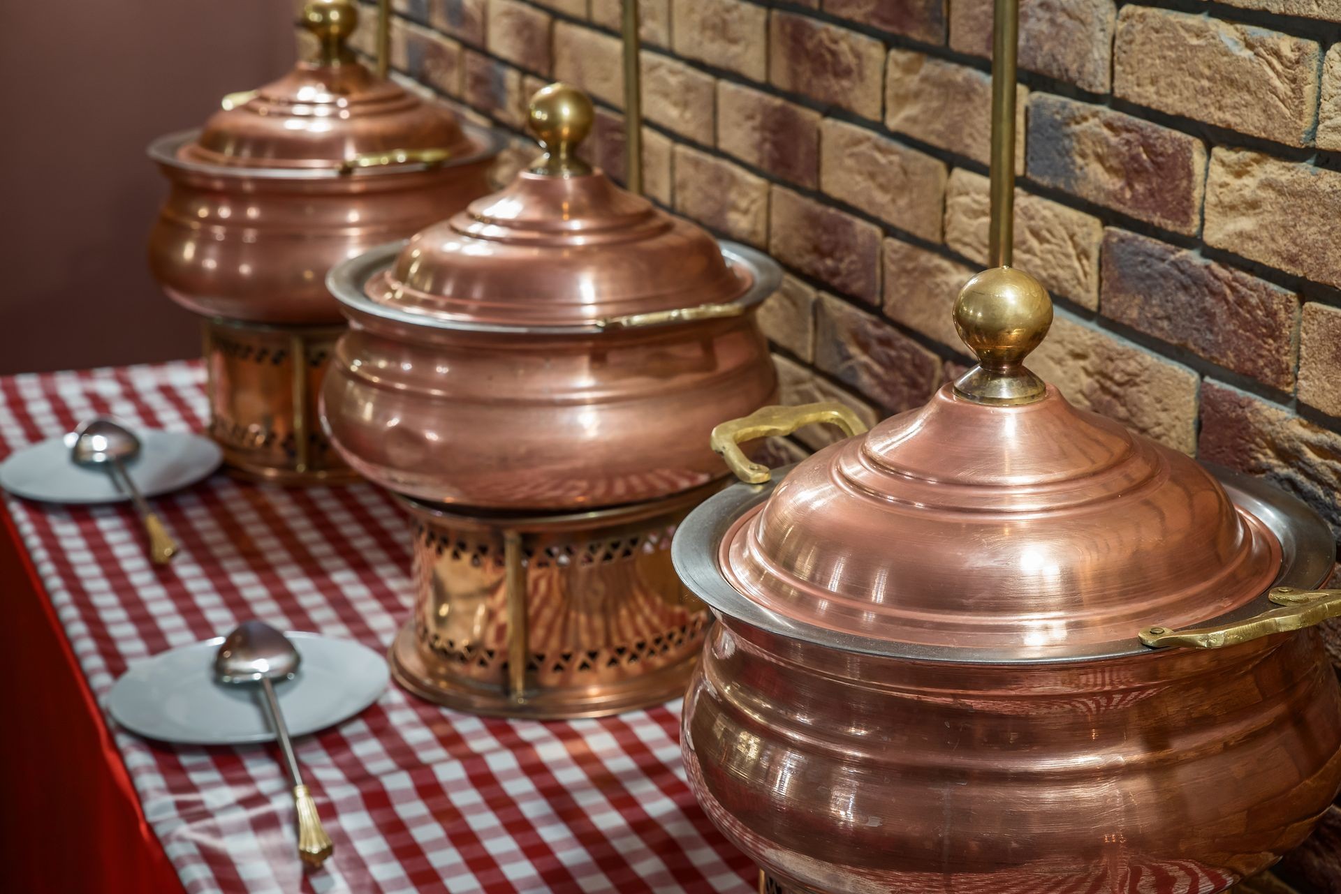 Indian catering catering lunch buffet consisting of tin or copper brass soup and curry bowls in red setting